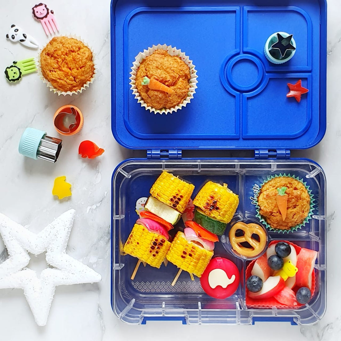 Carrot cupcakes with vitn on cob in skewers- Truck Lunchbox 4 compartments