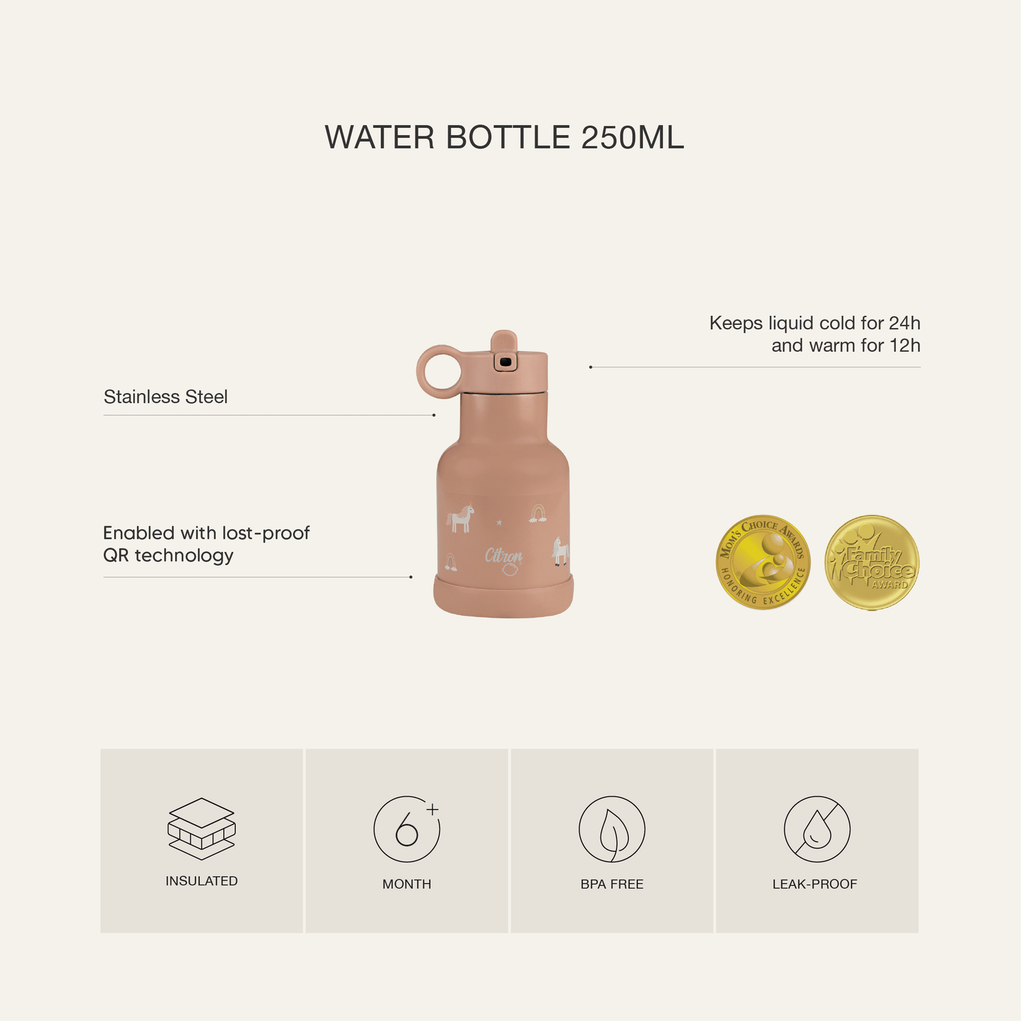 Water Bottle - 250ml - Dino Green