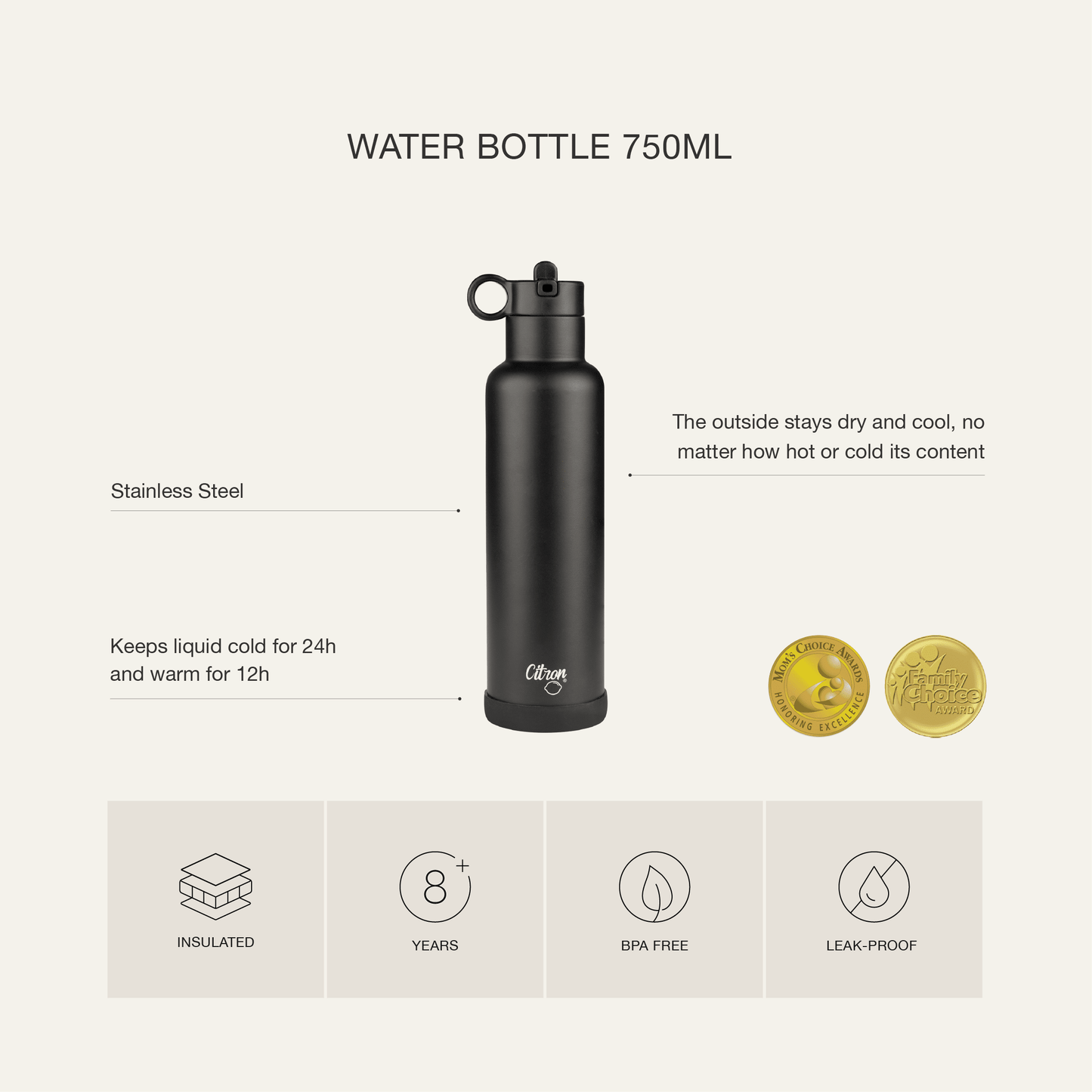 Water Bottle - 750ml - Thunder Black