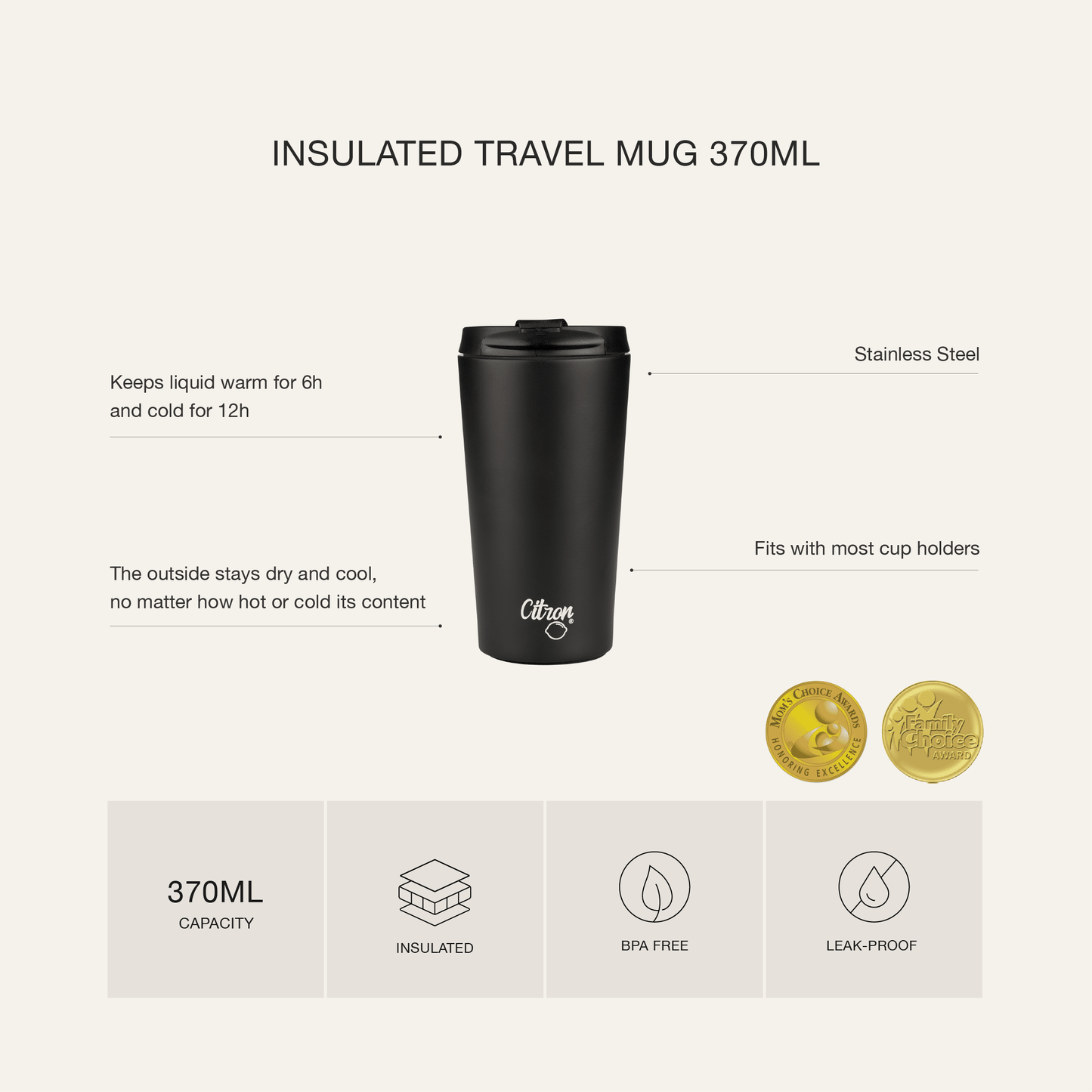 Insulated Travel Mug - 370ml - Black