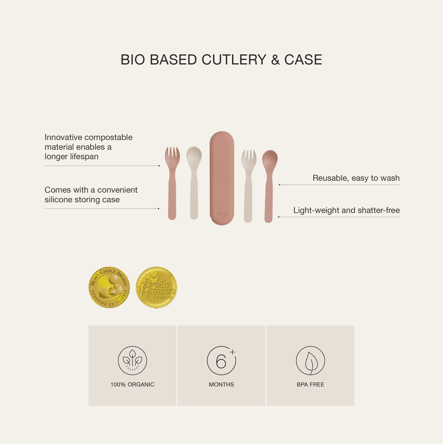 Bio-Based Cutlery - set of 5 - Green/ Cream + Case