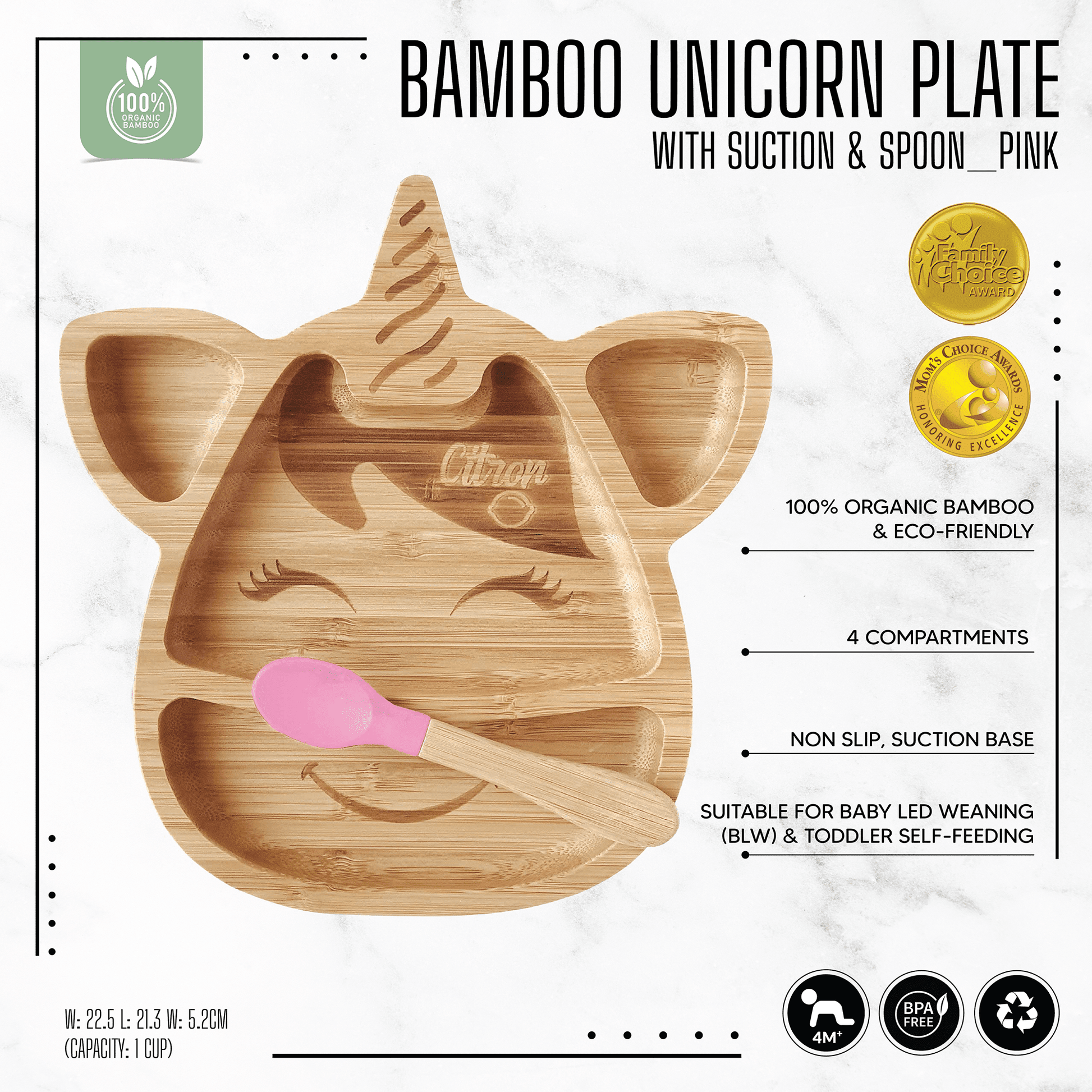 Citron Dubai bamboo plates Bamboo Unicorn Plate with Suction and Spoon
