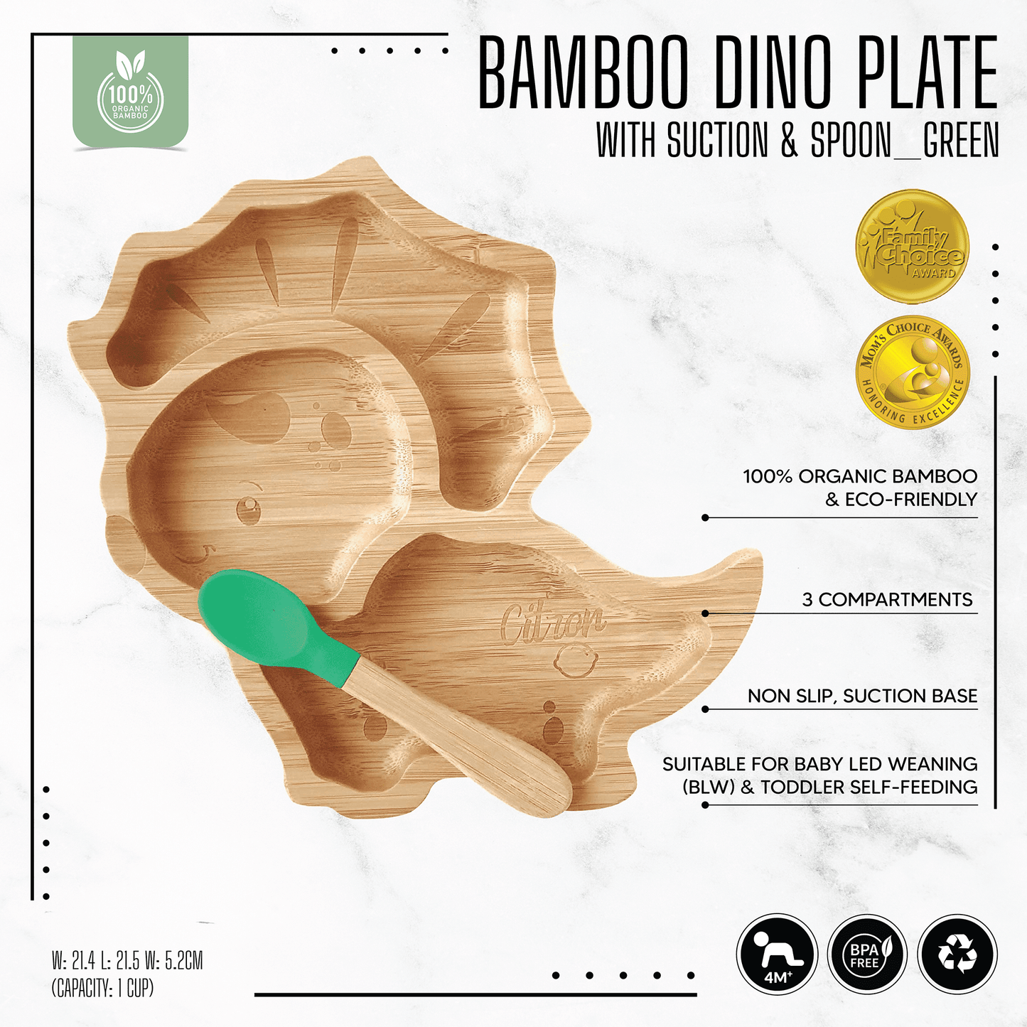 Citron Dubai bamboo plates Citron Bamboo Dino Plate with Suction and Spoon