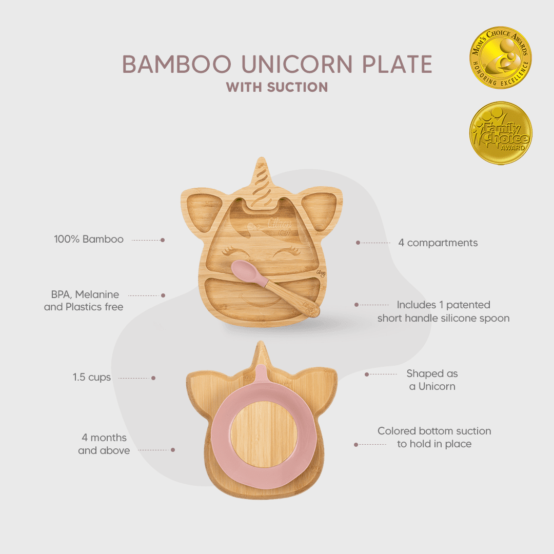Citron Dubai Little Unicorn Bamboo Plate With Blush Pink Suction And Spoon